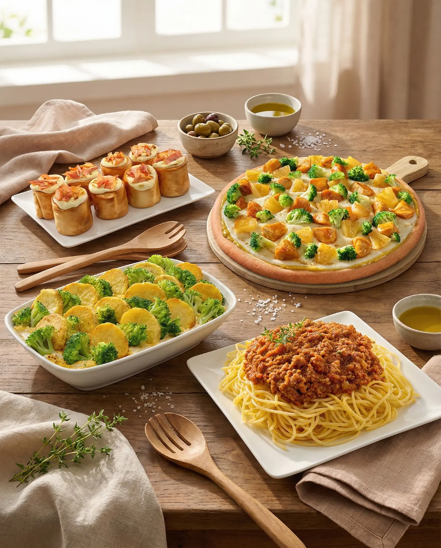 Pizza, Gratin, Spaghetti Bolognese und überbackene Röllchen auf einem Holztisch