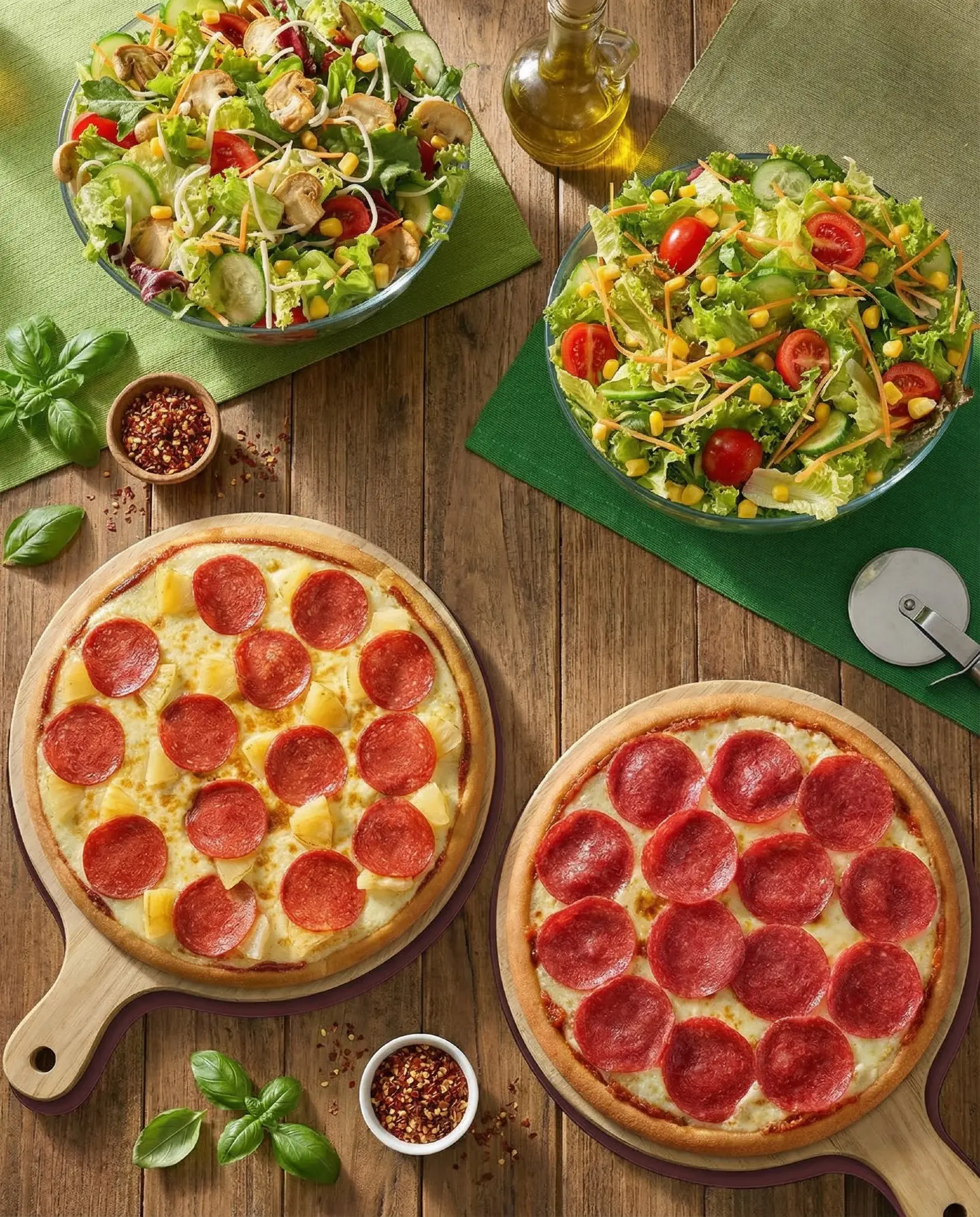 Zwei Salami-Pizzen und zwei frische Salate von oben